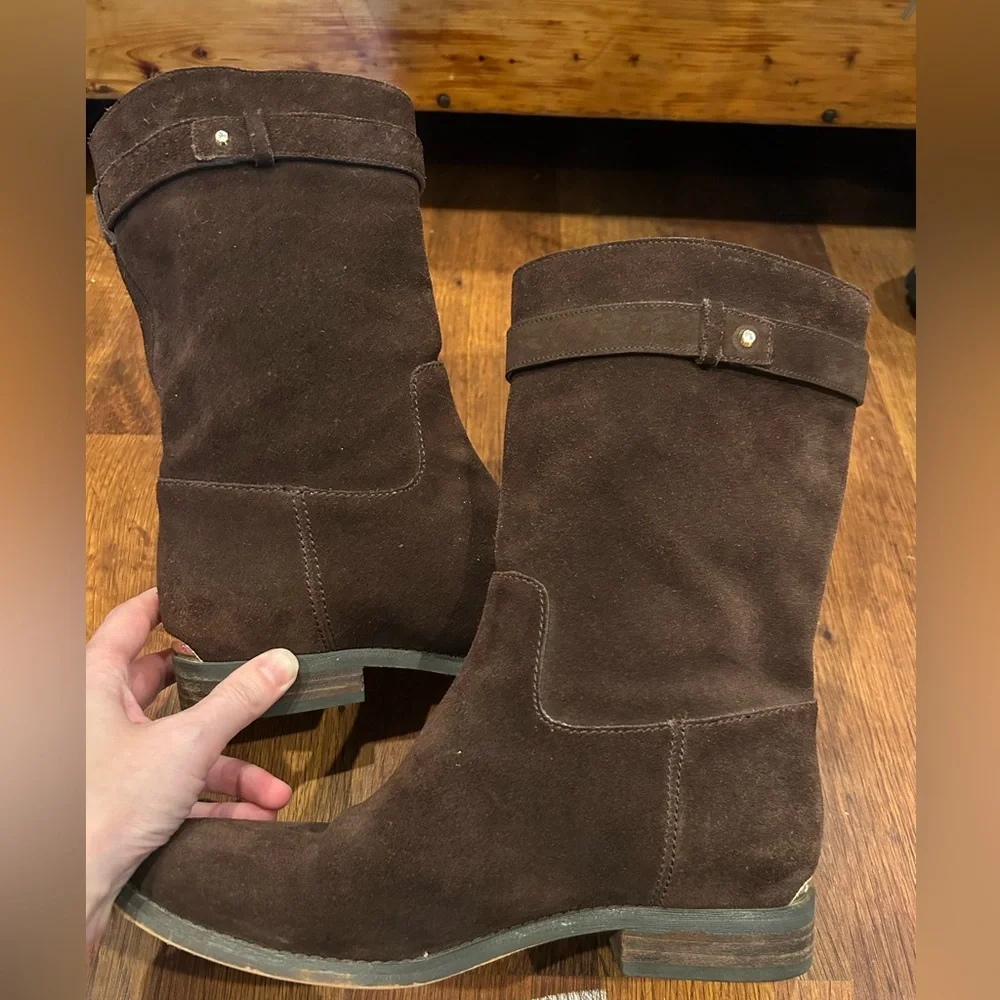 Michael Kors Rhea Brown Suede Mid Calf Boots Fringe Pull On Womens Size 7.5
